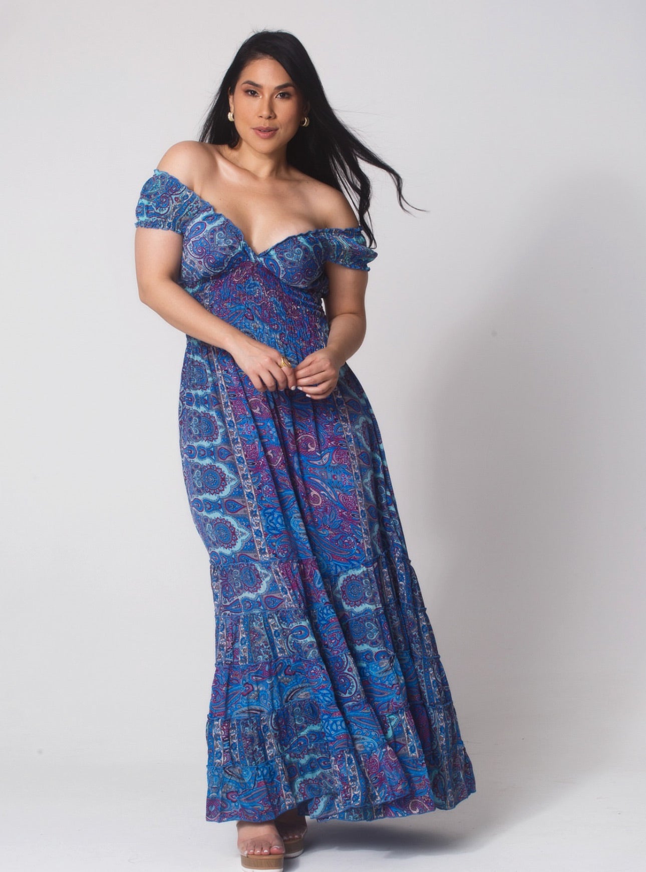 Off-Shoulder Printed Polyester Long Dress (3089)