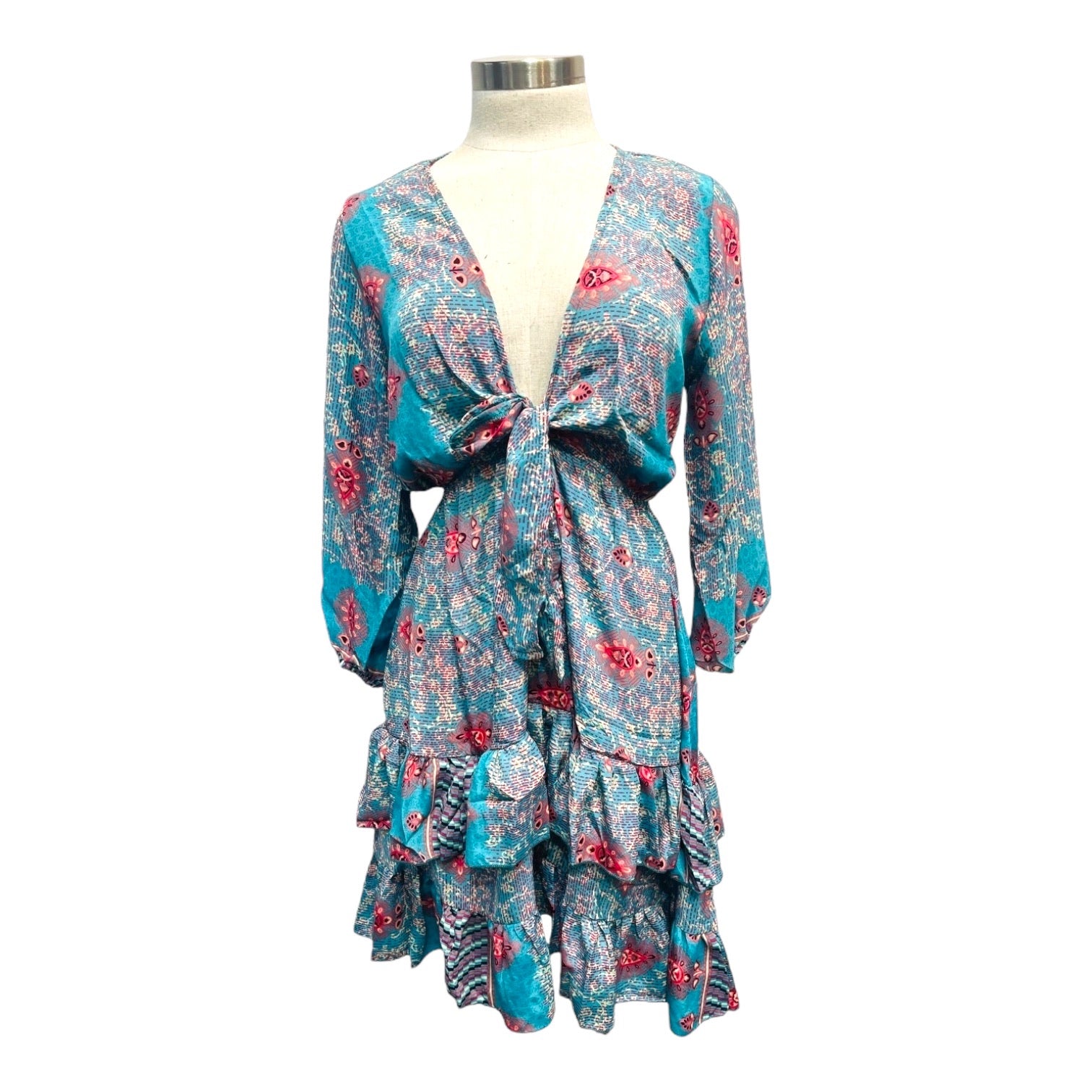 Printed Polyester Short Dress with Front Tie