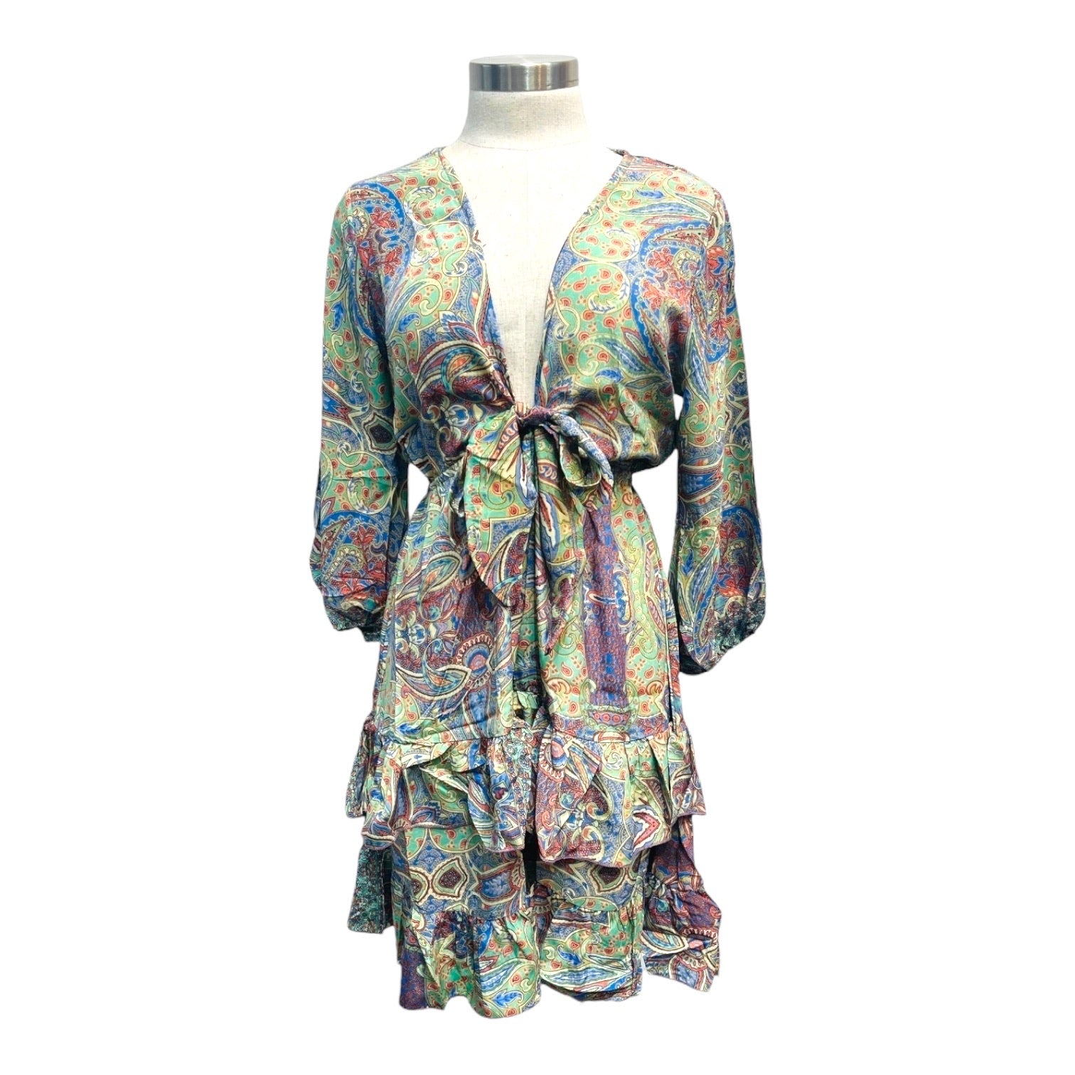 Printed Polyester Short Dress with Front Tie