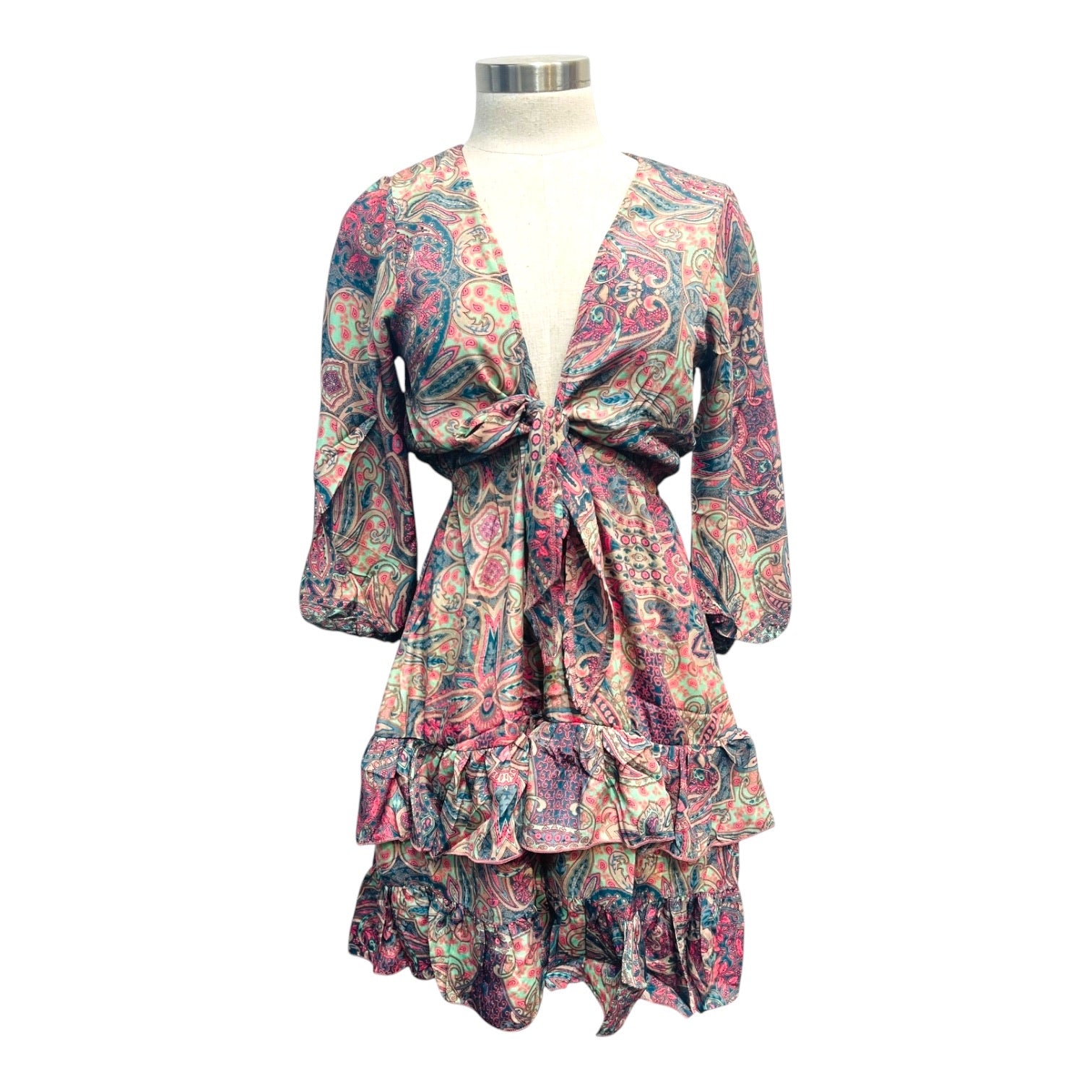 Printed Polyester Short Dress with Front Tie